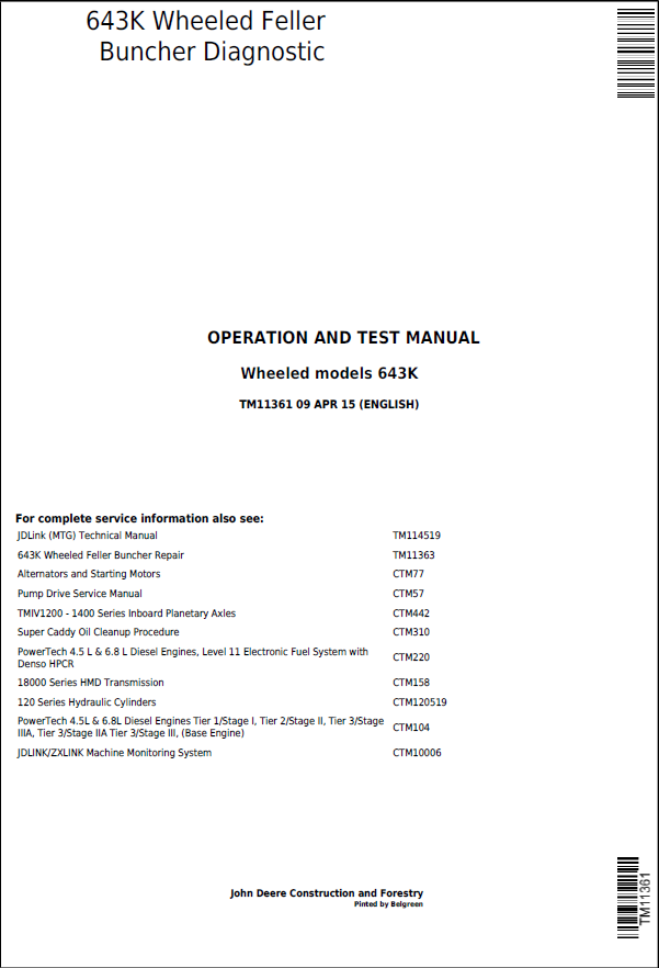 John Deere 643K Wheeled Feller Operation and Test Manual TM11361 PDF