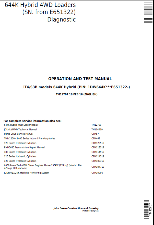 John Deere 644K Hybrid 4WD Loaders Operation and Test Manual TM12707 PDF
