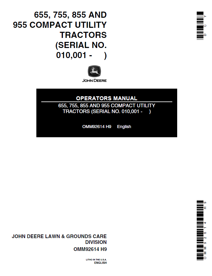 John Deere 655, 755, 855 AND 955 Compact Utility Tractors Operator Manual OMM92614 PDF