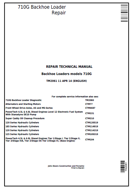 John Deere 710G Backhoe Loader Repair Technical  Manual TM2061 PDF 
