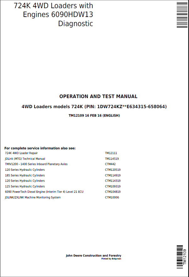 John Deere 724K 4WD Loaders Operation and Test Manual TM12109 PDF