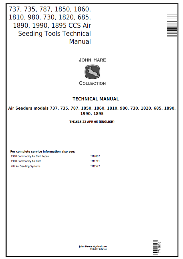 John Deere 737, 735, 787, 1850, 1860, 1810, 980, 730, 1820, 685, 1890, 1990, 1895 CCS Air Seeding Tools Technical TM1616 PDF