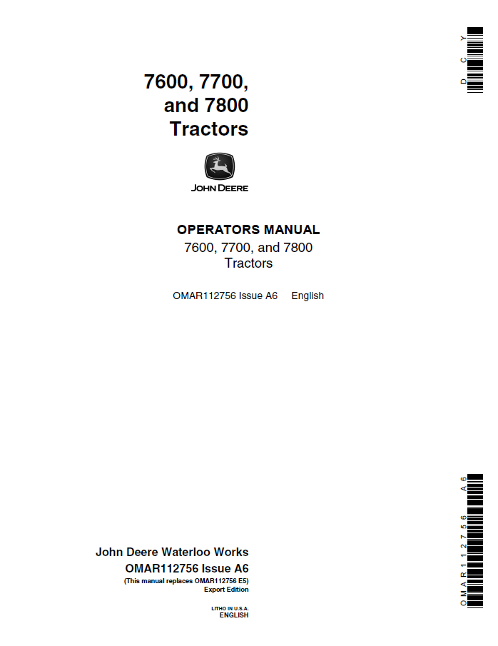 John Deere 7600, 7700, 7800 Tractors Operator Manual OMAR112756 PDF 

