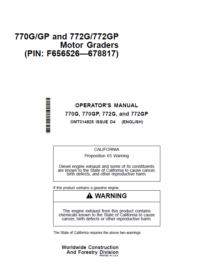 John Deere 770G, 770GP, 772G, and 772GP Motor Graders Operator Manual OMT314825 PDF