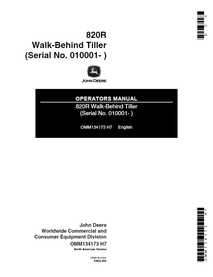 John Deere 820R Walk-Behind Tiller Operator Manual OMM134173 PDF
