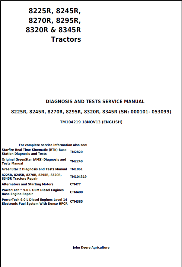 John Deere 8225R, 8245R, 8270R, 8295R, 8320R & 8345R Tractors Diagnosis And Test Service Manual TM104219 PDF