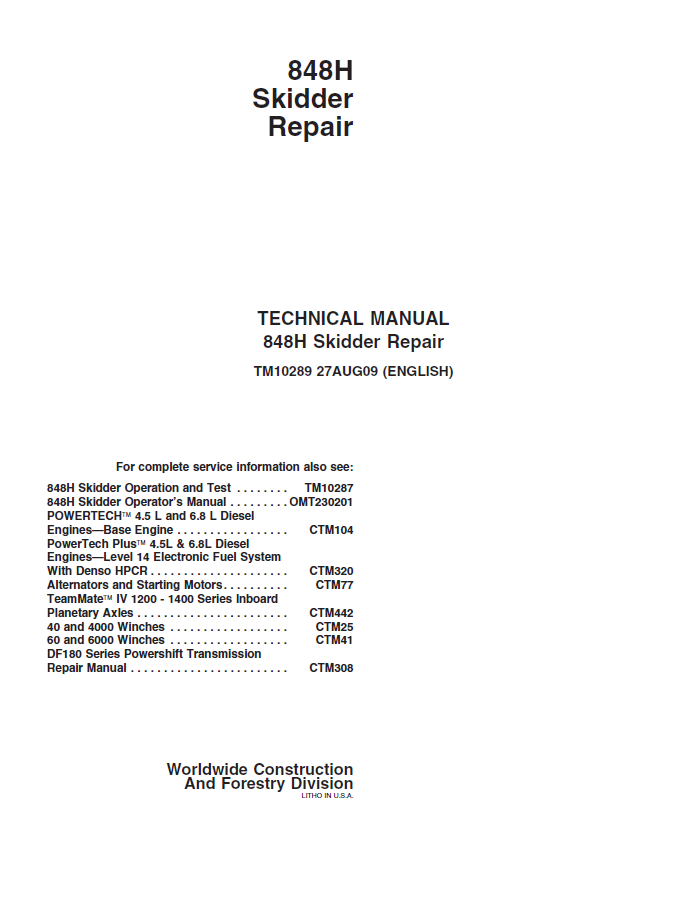 John Deere 848H Skidder Repair Technical Manual TM10289 PDF 
