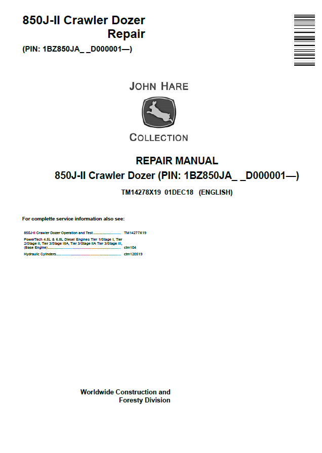 John Deere 850J-II Crawler Dozer Repair Manual TM14278X19 PDF 