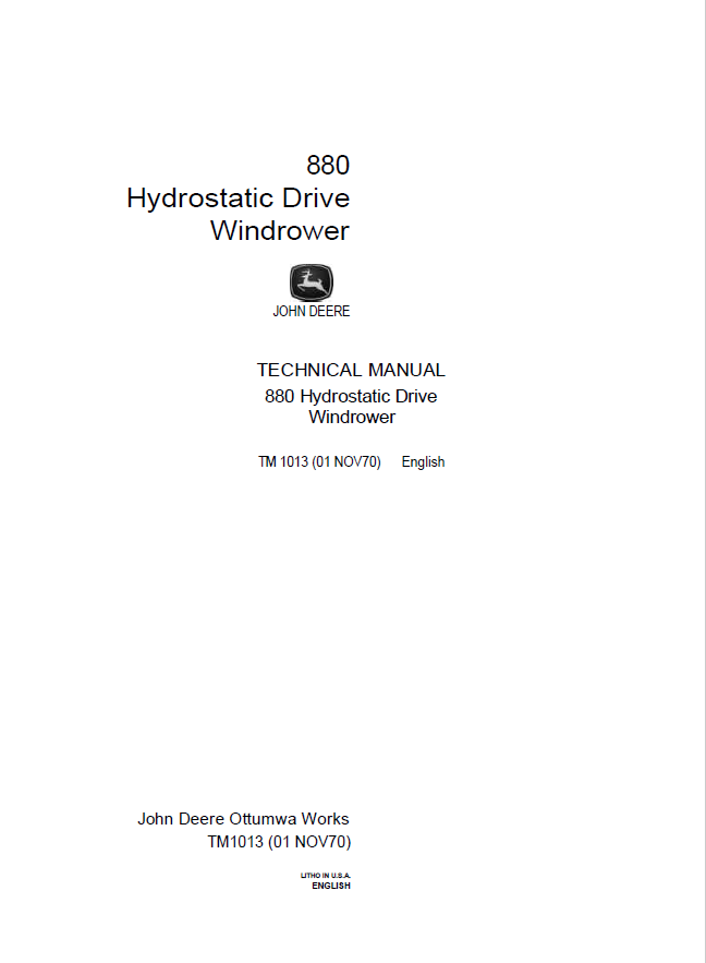 John Deere 880 Hydrostatic Drive Windrower Technical Manual TM1013 PDF