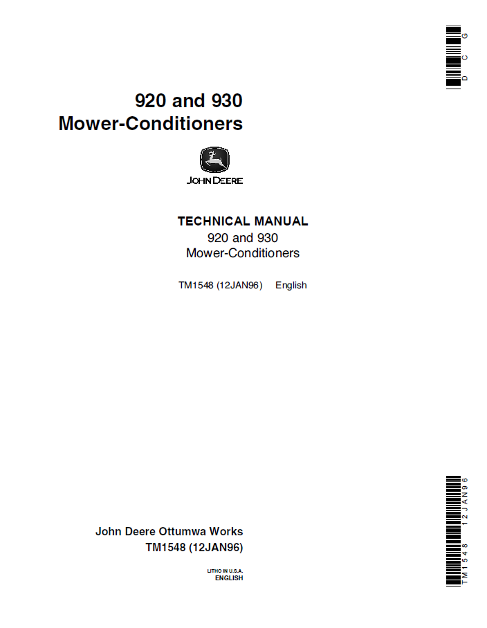 John Deere 920 and 930 Mower-Conditioners Technical Manual TM1548 PDF 
