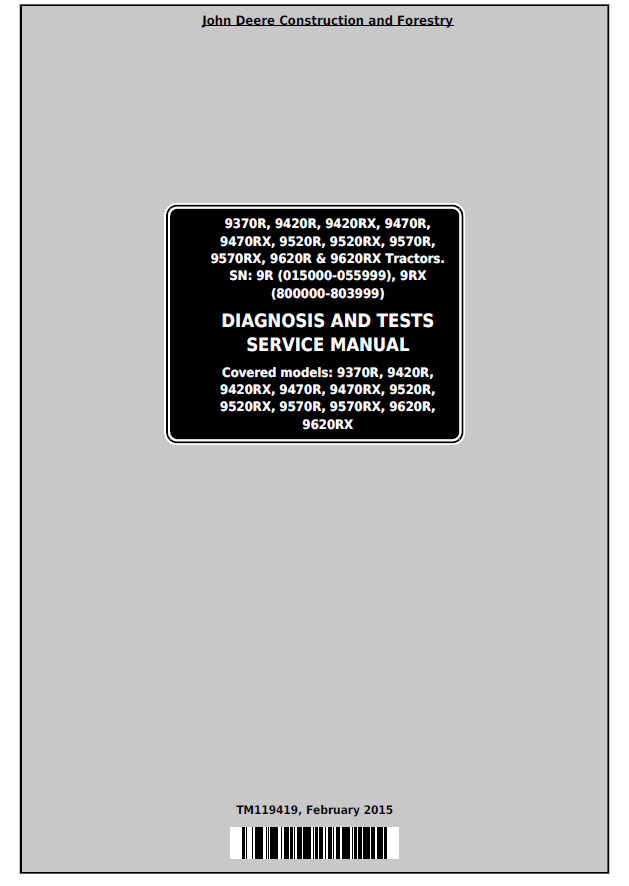 John Deere 9370R, 9420R, 9420RX, 9470R, 9470RX,9520R,9520RX, 9570R,9570RX, 9620R & 9620RX Constructions and Forestry Diagnostic AND Tests Service Manual TM119419 PDF