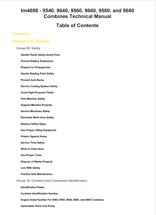 John Deere 9540, 9640, 9560, 9660, 9580, and 9680 Combines Technical Manual TM4640 PDF 