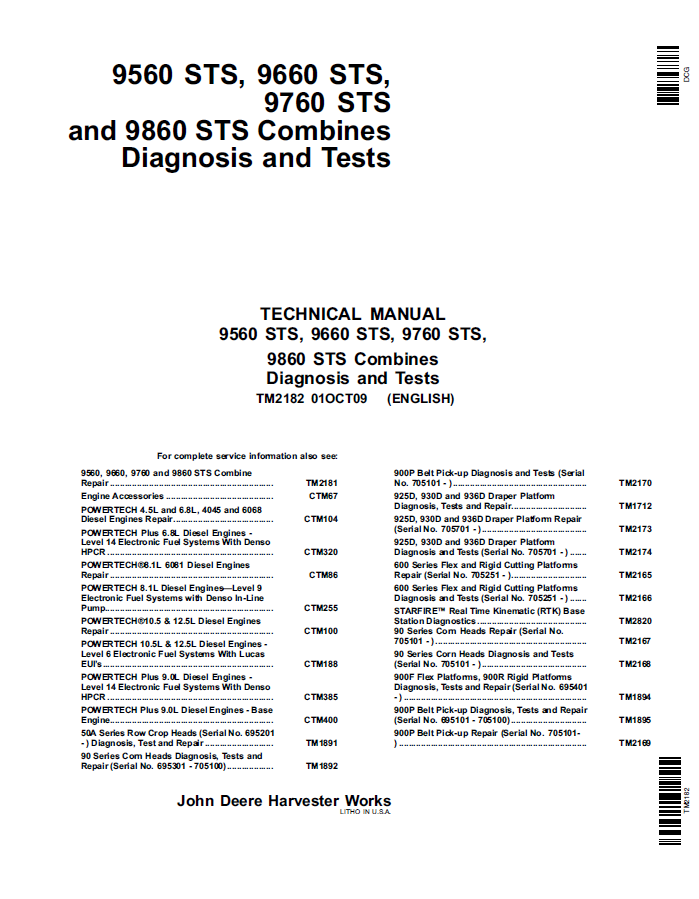 John Deere 9560 STS, 9660 STS, 9760 STS And 9860 STS  Combines Diagnosis and Test Manual TM2182 PDF
