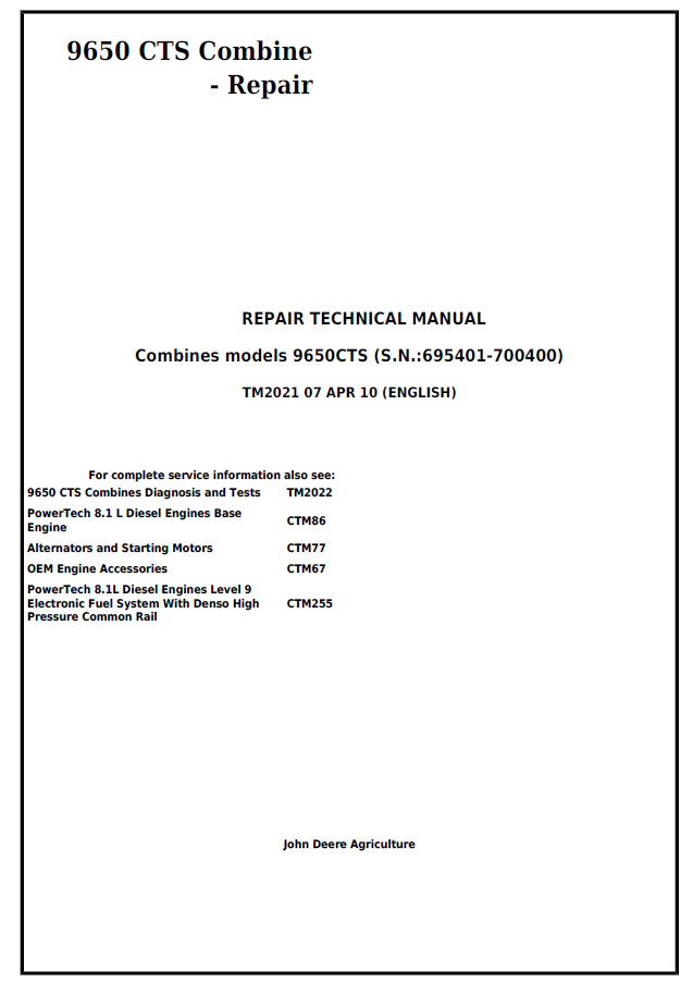 John Deere 9650 CTS Combines models Repair Technical Manual TM2021 PDF