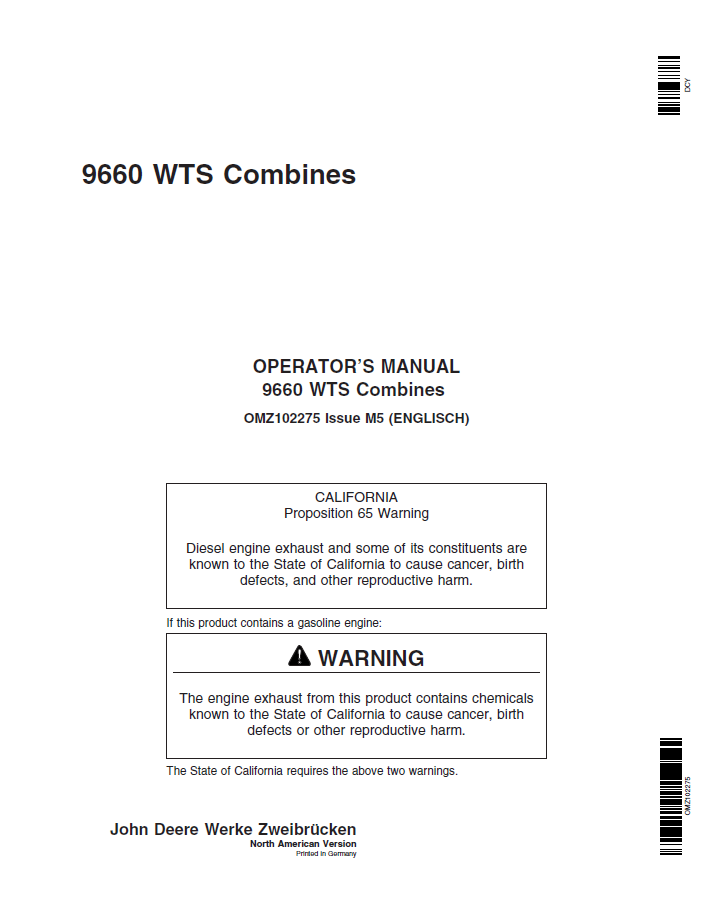 John Deere 9660 WTS Combines Operator Manual OMZ102275 PDF