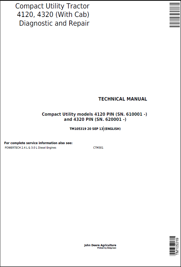 John Deere Compact Utility Tractor 4120, 4320 Technical Manual TM105319 PDF