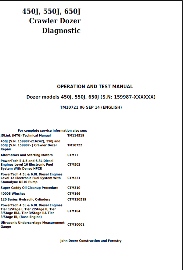 John Deere Dozer 450J, 550J, 650J Operation and Test Manual TM10721 PDF