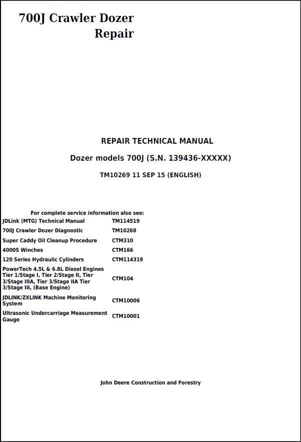 John Deere Dozer 700J Repair Technical Manual TM10269 PDF