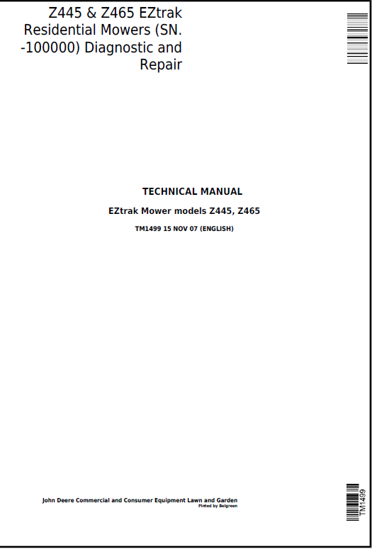 John Deere EZtrak Residential Mower Z445, Z465 Diagnostic and Repair Technical Manual TM1499 PDF