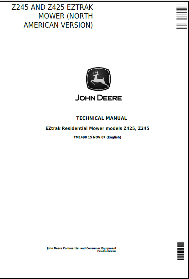 John Deere EZtrak Residential Mower models Z425, Z245 Technical Manual TM1498 PDF