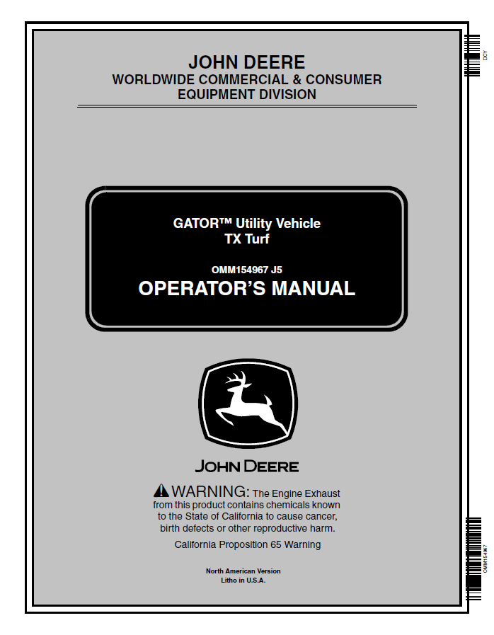 John Deere GATOR™ Utility Vehicle TX Turf Operator Manual OMM154967 PDF