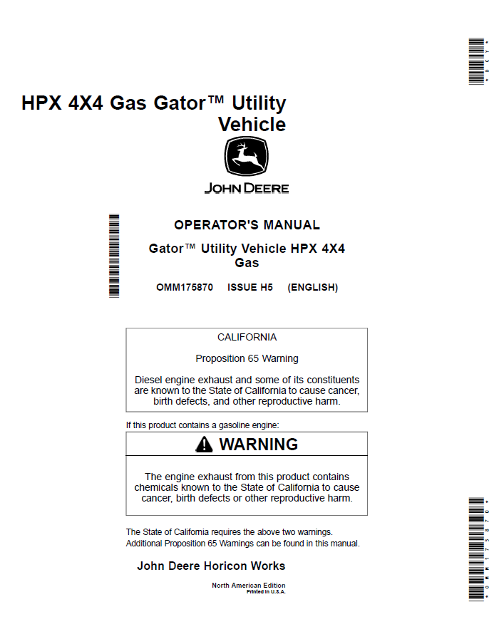 John Deere HPX 4X4 Gas Gator™ Utility Vehicle Operator Manual OMM175870 PDF