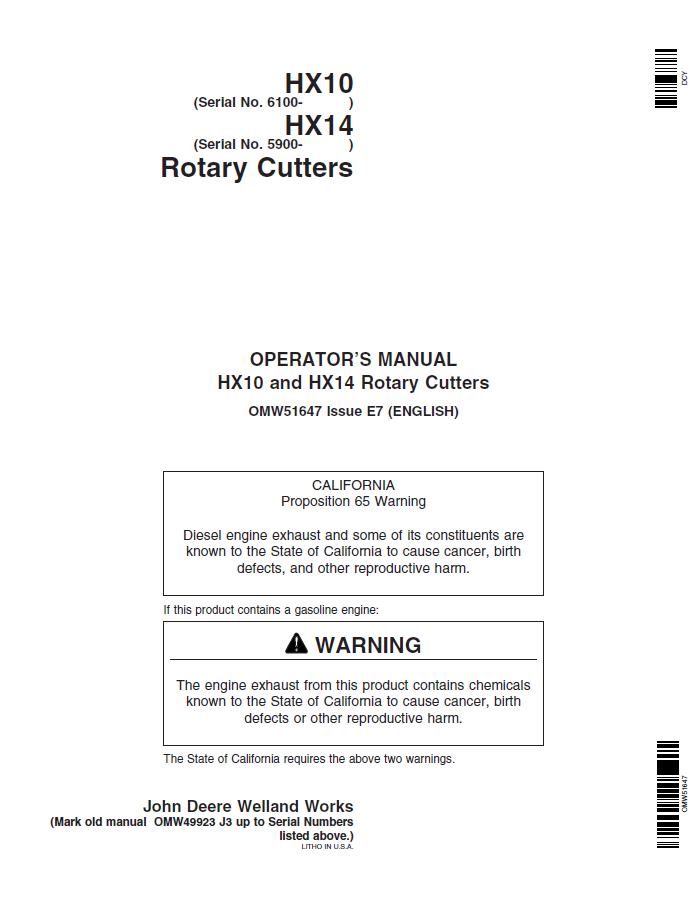 John Deere HX10 and HX14 Rotary Cutters Operator Manual OMW51647 PDF