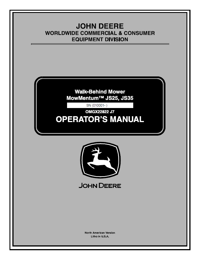 John Deere JS25, JS35 Walk-Behind Mower MowMentum Operator Manual OMGX22822 PDF