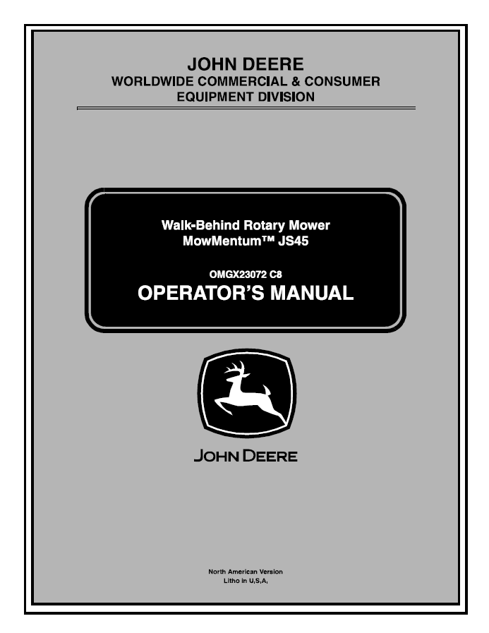 John Deere JS45 Walk-Behind Rotary Mower MowMentum Operator Manual OMGX23072 PDF 