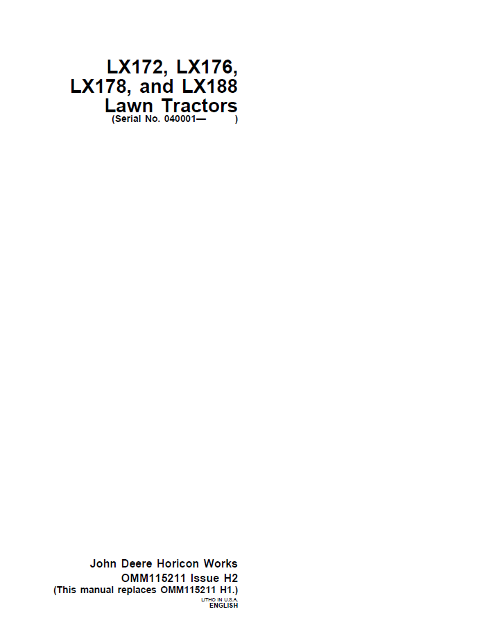 John Deere LX172, LX176,LX178, and LX188 Lawn Tractor Operator Manual OMM115211 PDF