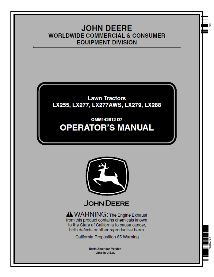 John Deere LX255, LX277, LX277AWS, LX279, LX288 Lawn Tractor Operator Manual OMM142612 PDF