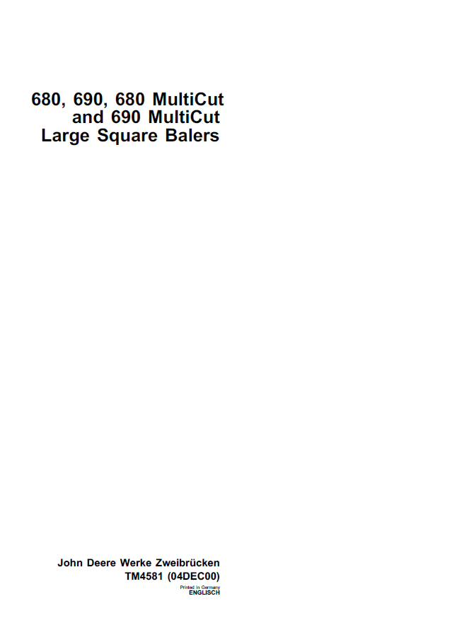 John Deere Large Square Balers 680, 690, 680 Multicut Technical Manual TM4581 PDF