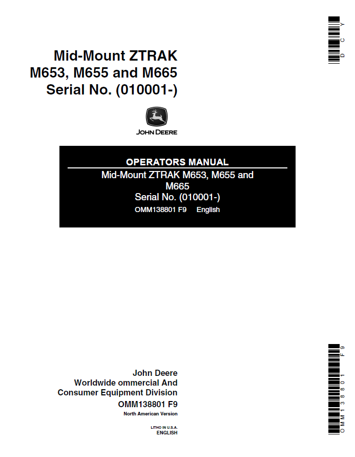 John Deere M653, M655 and M665 Mid-Mount ZTRAK Operator Manual OMM138801 PDF