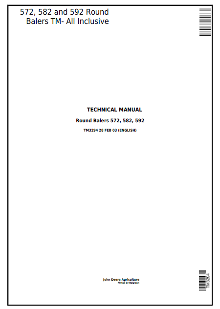 John Deere Round Balers 572, 582, 592 Technical Manual TM3294 PDF 