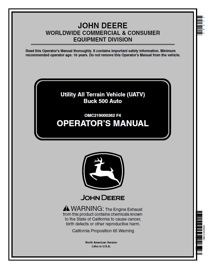 John Deere Utility All Terrain Vehicle (UATV) Buck 500 Auto Operator Manual OMC219000362 PDF