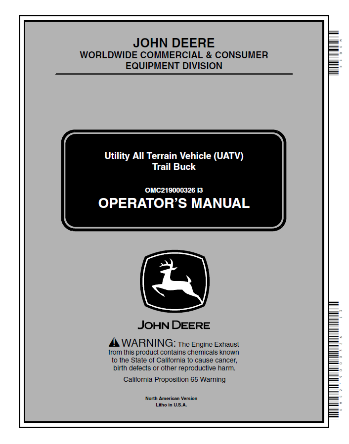 John Deere Utility All Terrain Vehicle (UATV) Trail Buck Operator Manual OMC219000326 PDF 