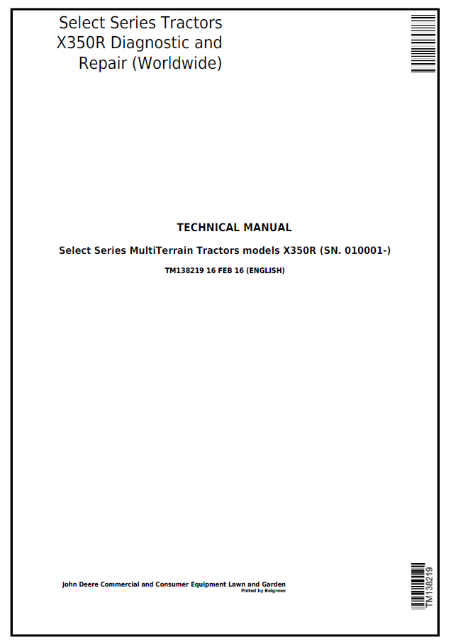 John Deere X350R Select Series MultiTerrain Tractors models Technical Manual TM138219 PDF 