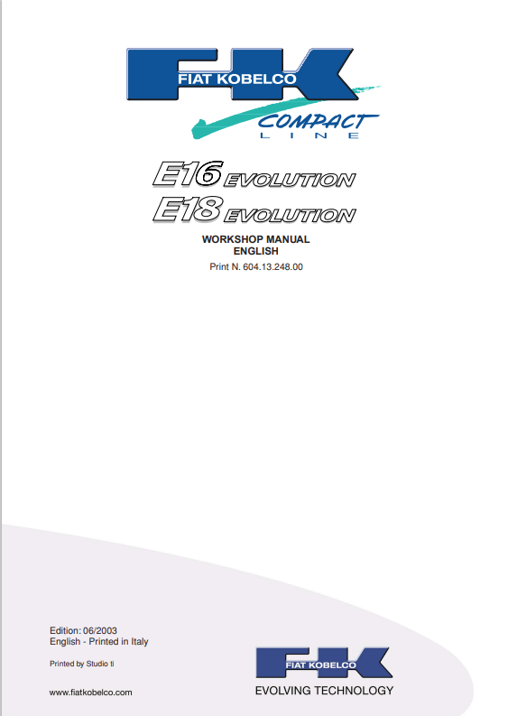 KOBELCO FIAT E16, E18 EVOLUTION COMPACT LINE WORKSHOP MANUAL PDF