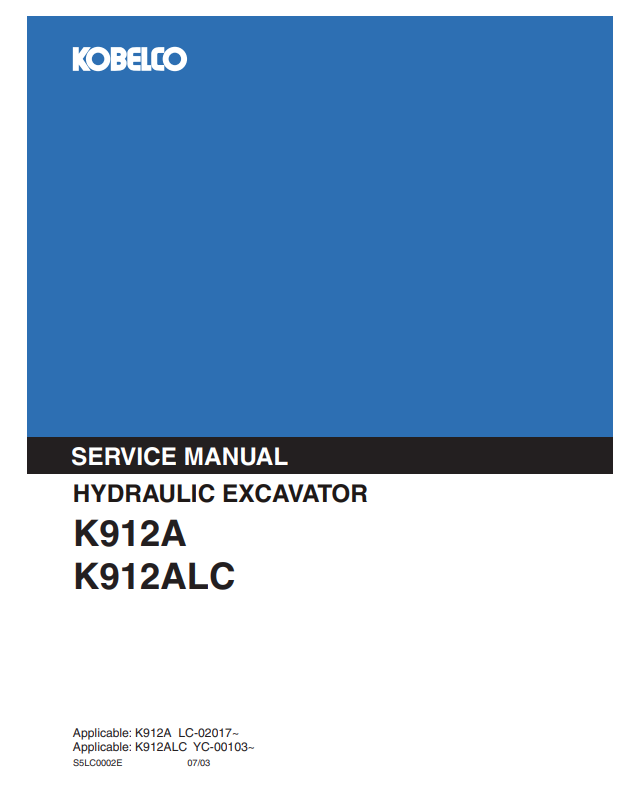 KOBELCO K912A, K912ALC HYDRAULIC EXCAVATOR SERVICE MANUAL PDF
