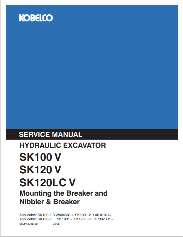 KOBELCO SK100 V, SK120 V, SK120LC V HYDRAULIC EXCAVATOR SERVICE MANUAL PDF