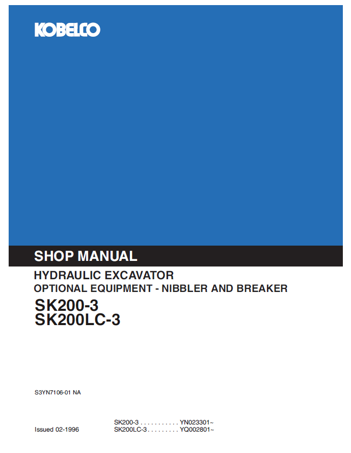 KOBELCO SK200-3, SK200LC-3 HYDRAULIC EXCAVATOR SHOP MANUAL PDF