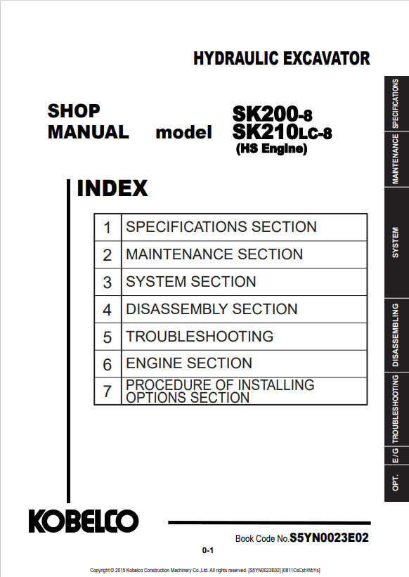KOBELCO SK200-8, SK210LC-8 HS ENGINE HYDRAULIC EXCAVATOR SHOP MANUAL PDF