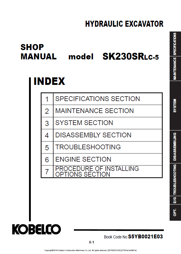 KOBELCO SK230SRLC-5 HYDRAULIC EXCAVATOR SHOP MANUAL PDF