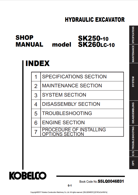 KOBELCO SK250-10, SK260LC-10 HYDRAULIC EXCAVATOR SHOP MANUAL PDF