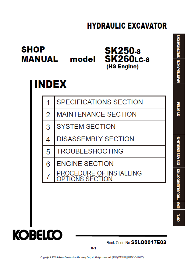 KOBELCO SK250-8, SK260LC-8 HS ENGINE HYDRAULIC EXCAVATOR SHOP MANUAL PDF