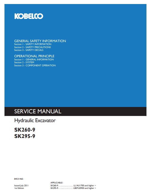 KOBELCO SK260-9, SK295-9 HYDRAULIC EXCAVATOR SERVICE MANUAL PDF