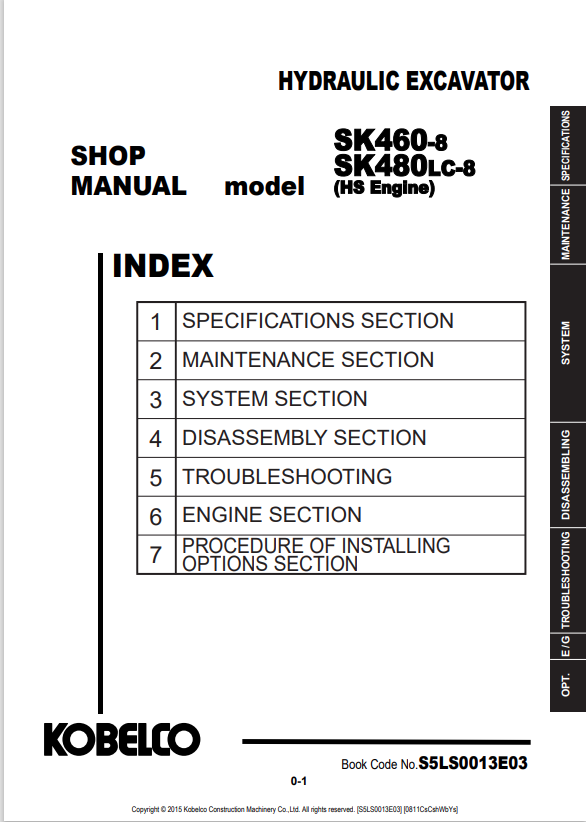 KOBELCO SK460-8, SK480LC-8 HYDRAULIC EXCAVATOR HS ENGINE SHOP MANUAL PDF