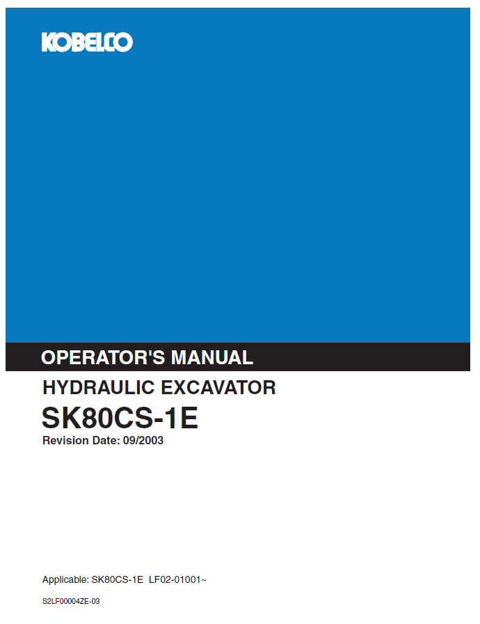 Kobelco Hydraulic Excavator SK80CS-1E Operator Manual PDF