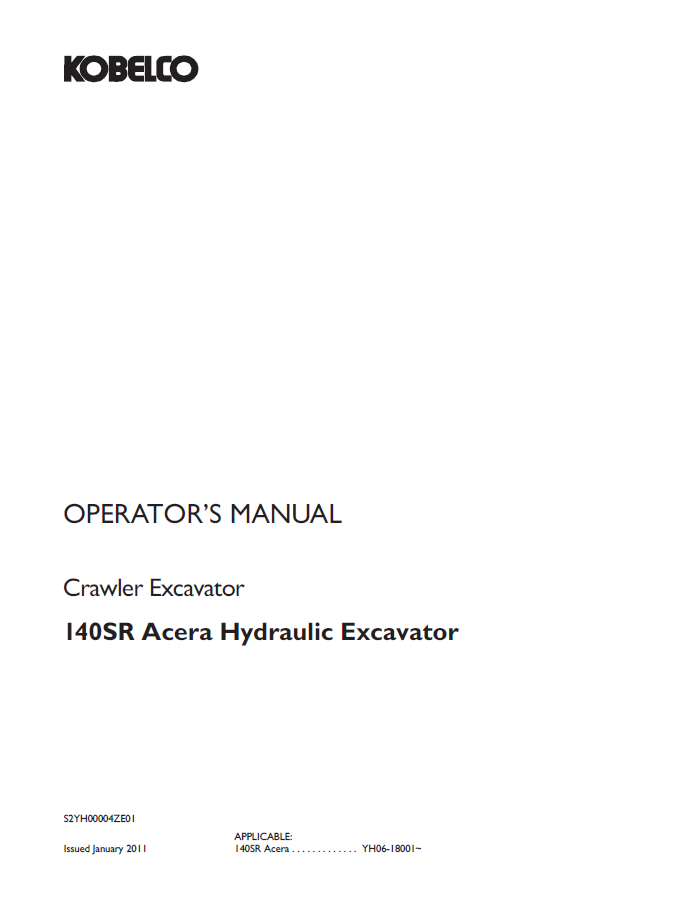 Kobelco Machine Crawler Excavator 140SR Acera (Tier 4) Operator Manual PDF