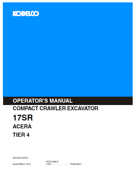 Kobelco Machine Crawler Excavator 17sr Acera (Tier 4) Operator Manual PDF